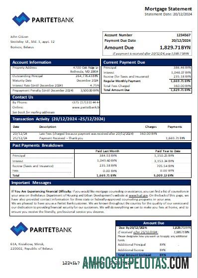 Declaração de hipoteca do Banco de Paridade da Bielorrússia Scr exemplo real